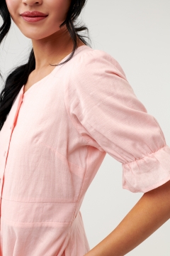 Womens pink sweetheart neck pleated sleeve modest dress